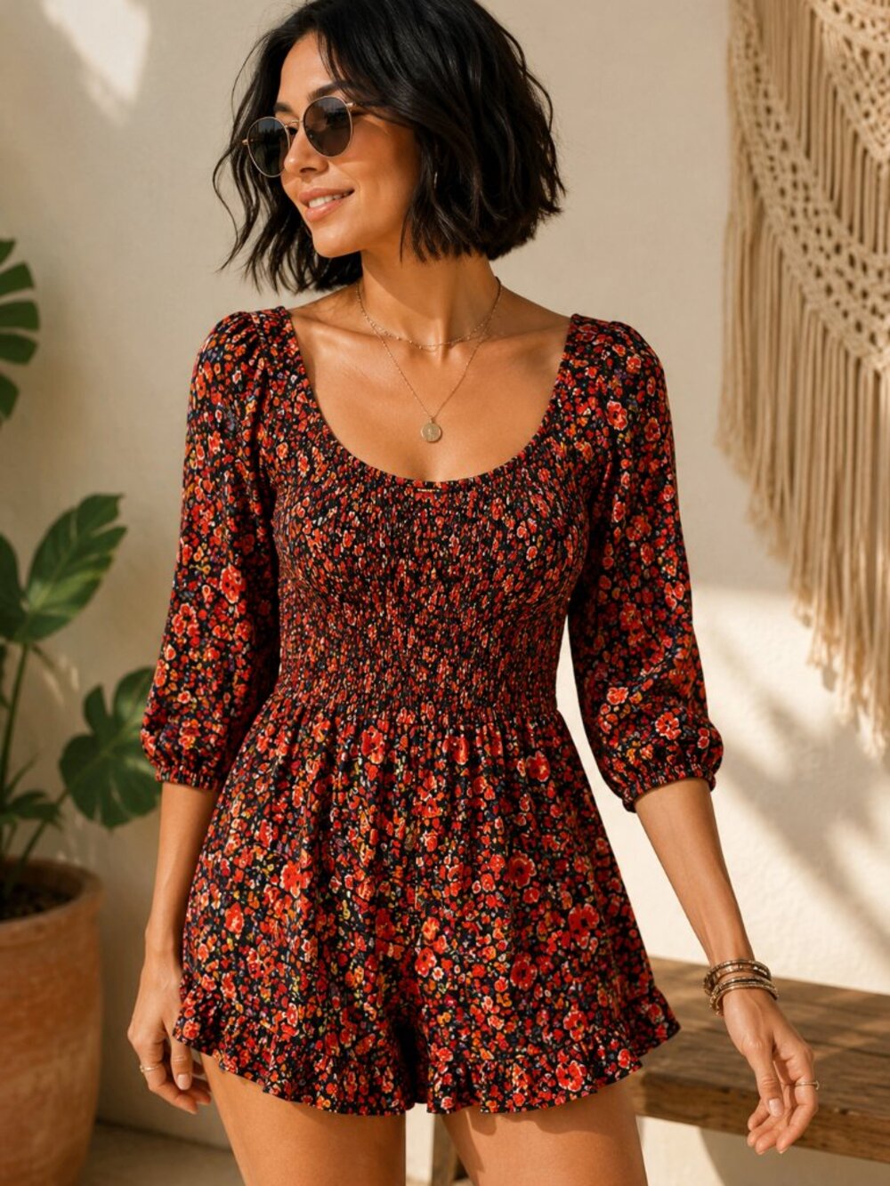 Blue Rain Floral Smocked Romper XXS Black Orange Boho Off Shoulder Puff Sleeve